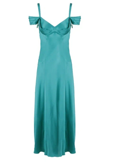 Alberta Ferretti Off The Shoulder Satin Dress In Green