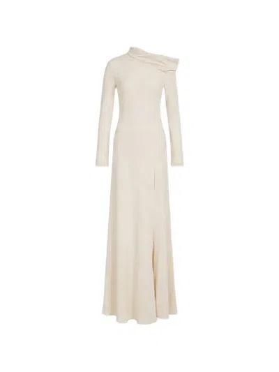 Alberta Ferretti Off-shoulder Side-slit Maxi Dress In Neutral