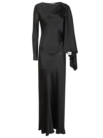 ALBERTA FERRETTI ALBERTA FERRETTI ONE-SHOULDER BLACK EVENING DRESS WITH FLOWING CAPE SLEEVE