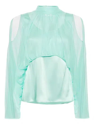 Alberta Ferretti Open Shoulder High Neck Blouse In Green
