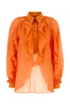 Alberta Ferretti Cotton Shirt With Cuffed And Ruffled Sleeves In Arancio