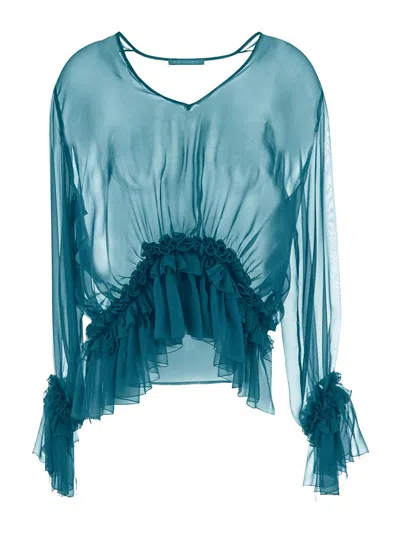 Alberta Ferretti Organic Chiffon Blouse With Small Ruffles In Blue