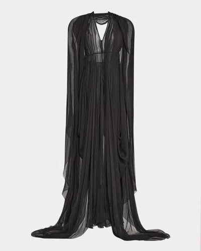 Alberta Ferretti Organic Chiffon Cape-sleeve Backless Gown In Black