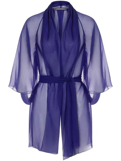 Alberta Ferretti Organic Silk Chiffon Cape With Waist Sash In Blue