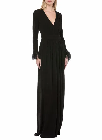 Alberta Ferretti Organza V-neck Gown With Ostrich Feathers In Black