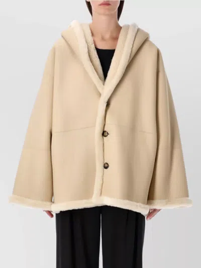 Alberta Ferretti Oversized Hooded Reversible Shearling Jacket In Neutral