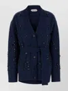 Alberta Ferretti V-neck Cashmere And Silk Blend Cardigan With Crystal Embroidery In Blue