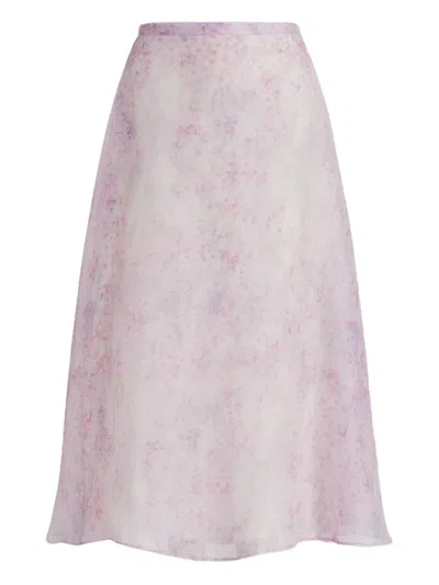 Alberta Ferretti Pastel Floral Print Midi Skirt In Sheer Organza In Purple