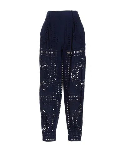 Alberta Ferretti Embroidered High Waist Wide Leg Trousers In Dark Blue