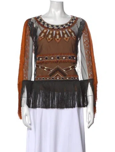 Pre-owned Alberta Ferretti Patterned Crew Neck Blouse W/ Tags In Brown