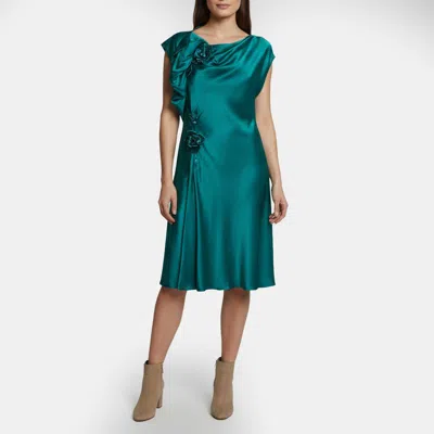 Pre-owned Alberta Ferretti Peacock Green Silk Floral Applique Draped Midi Dress L