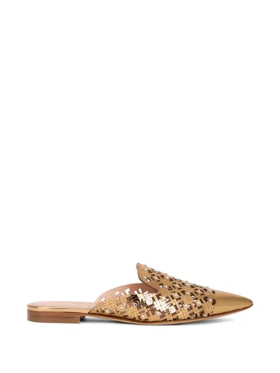 Alberta Ferretti Perforated Crystal-embellished Mules In Gold