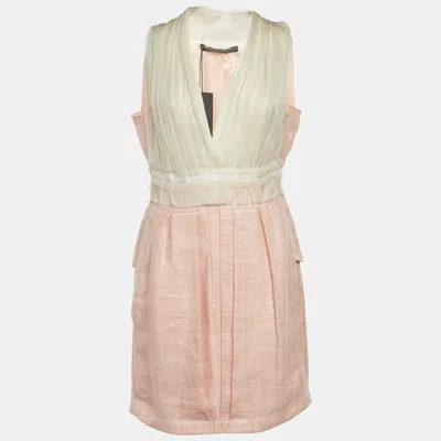 Alberta Ferretti Pink Linen & Silk Pleated Sleeveless Dress In Brown