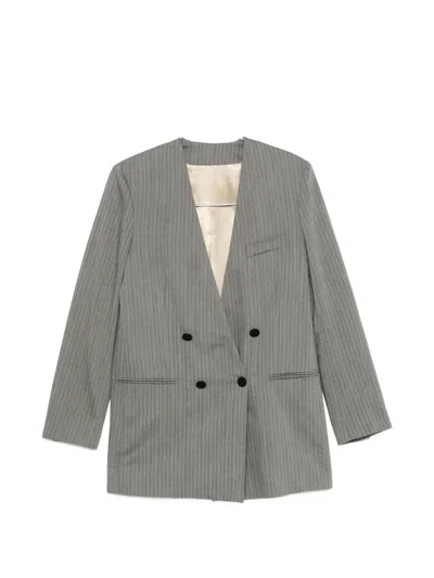 Alberta Ferretti Wool Blend Blazer Double Breasted Pinstripe In Gray