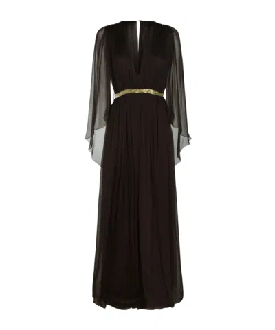 Alberta Ferretti Pleated V-neck Maxi Dress In Brown