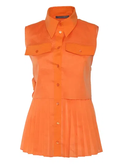 Alberta Ferretti Pleated Orange Cotton Top With Bow Detail