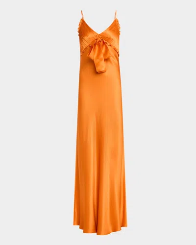 Alberta Ferretti Pleated Bow Satin Gown In Orange