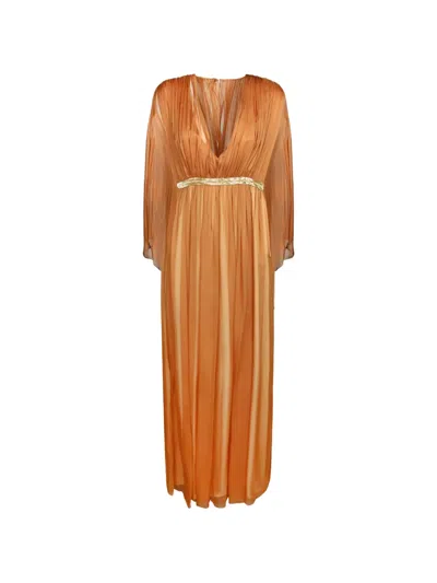 Alberta Ferretti Pleated Cape-sleeve Maxi Dress In Orange