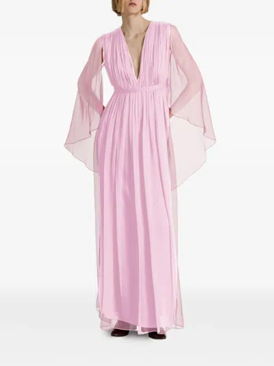 Alberta Ferretti Pleated Cape-sleeve Maxi Dress In Pink