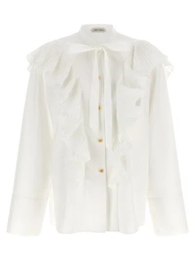 Alberta Ferretti Pleated Ruffle Cotton Blouse In White