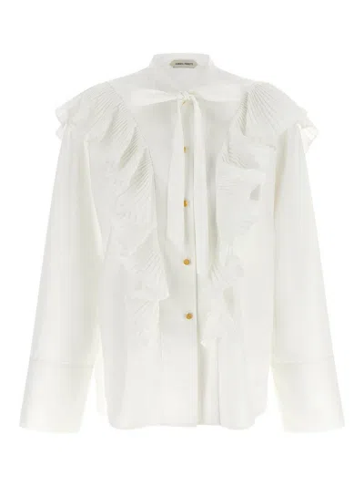 Alberta Ferretti Pleated Ruffle Cotton Blouse In White