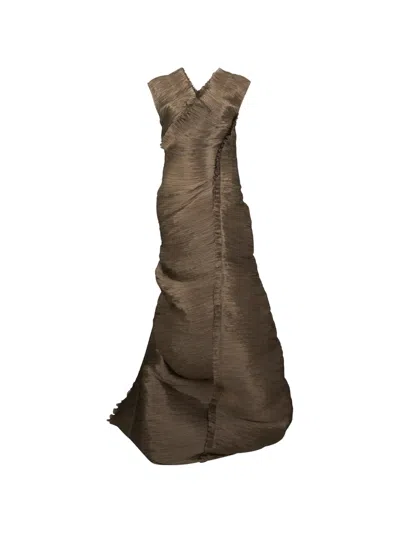 Alberta Ferretti Pleated Ruffled Maxi Dress In Brown