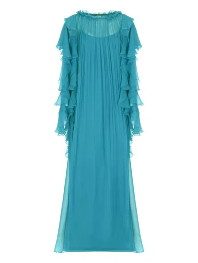 ALBERTA FERRETTI PLEATED RUFFLED MAXI EVENING DRESS