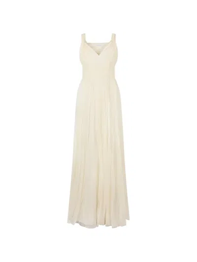 Alberta Ferretti Pleated Silk Maxi Dress In Neutral