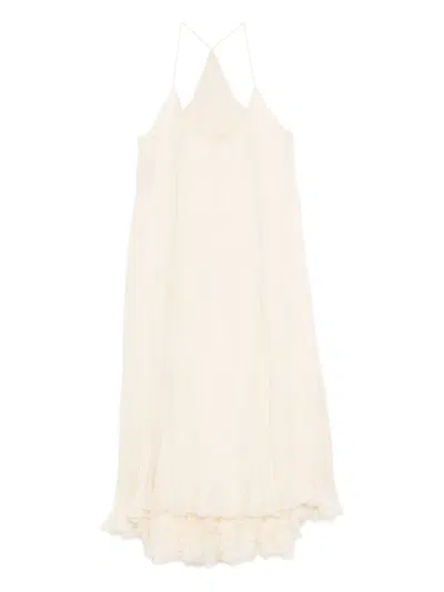 Alberta Ferretti Pleated Silk Ruffled Dress In Neutral