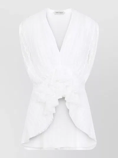 Alberta Ferretti Pleated Sleeveless Deep V-neck Asymmetric Draped Knot Blouse In White