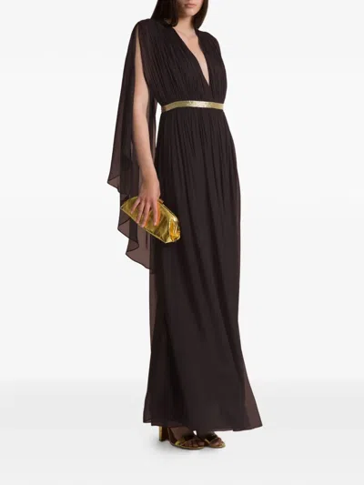 Alberta Ferretti Pleated V-neck Maxi Dress In Brown