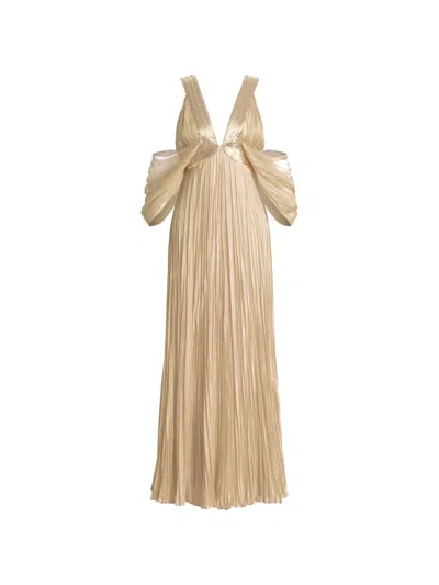 Alberta Ferretti Pleated V-neck Maxi Dress In Neutral