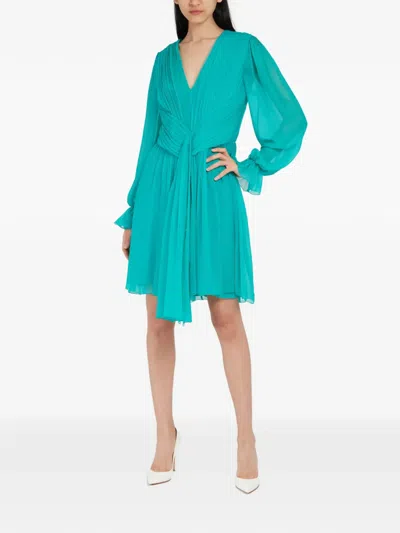 Alberta Ferretti Pleated V-neck Mini Dress In Green