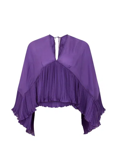 Alberta Ferretti Pleated-trim Wide-sleeves Blouse In Purple
