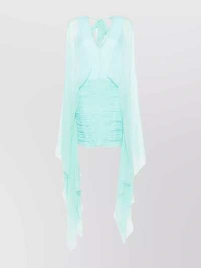 Alberta Ferretti Plunging V-neck Dress In Chiffon With Extra-long Sleeves In Cyan