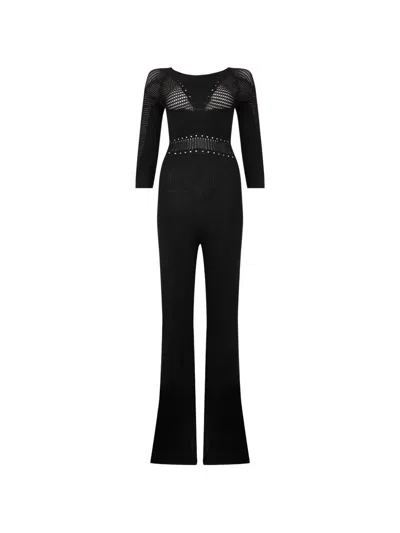Alberta Ferretti Pointelle-knit Flared Jumpsuit In Black