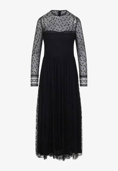 Alberta Ferretti Tulle Midi Ceremony Dress With Long Sleeves And A Crew Neck In Black