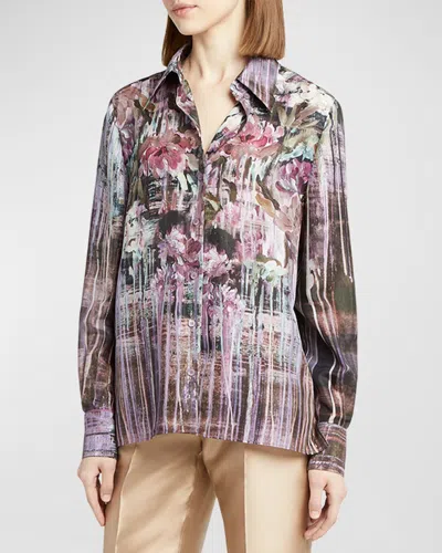 Alberta Ferretti Printed Chiffon Button-down Blouse In Violet Multi