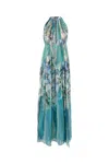 Alberta Ferretti Flower-print Pleated Chiffon Halter Gown In Blue