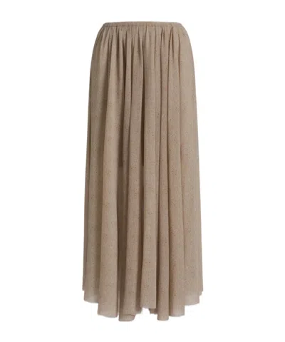 Alberta Ferretti Printed Tulle Pleated Skirt In Brown