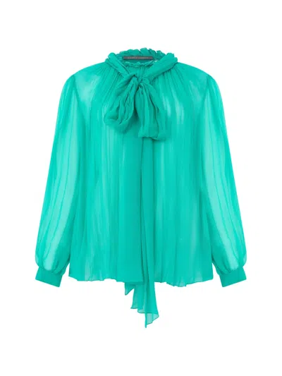 Alberta Ferretti Pussy-bow Pleated Blouse In Blue