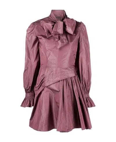 Alberta Ferretti Pussy-bow Pleated Mini Dress In Burgundy