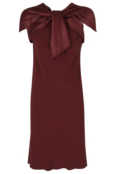 Alberta Ferretti Red Enver Satin V-neck Bow Detail Viscose Mini Dress In Brown