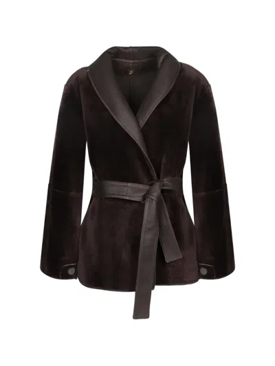 Alberta Ferretti Reversible Belted Shearling Coat In Brown