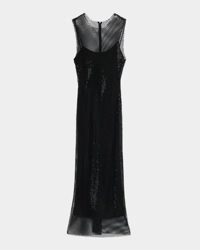 Alberta Ferretti Rhinestone Mesh Midi Dress In Black