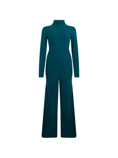 Alberta Ferretti Ribbed-knit High-neck Jumpsuit In Blue