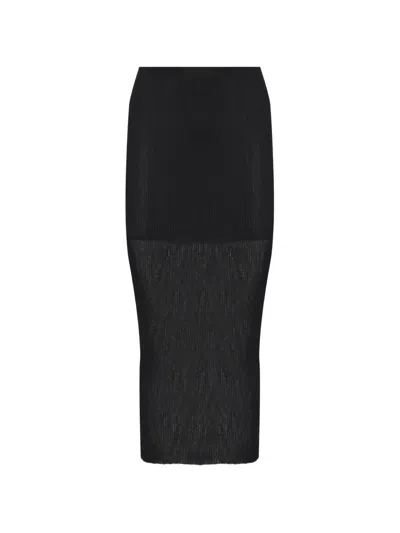 Alberta Ferretti Ribbed Knit Midi Skirt With Semi-sheer Flare In Black