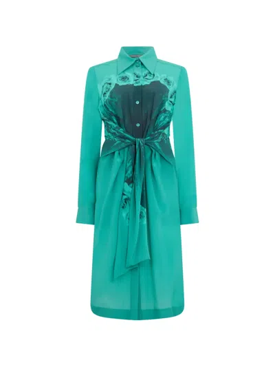 Alberta Ferretti Rose-print Belted Midi Shirt Dress In Green