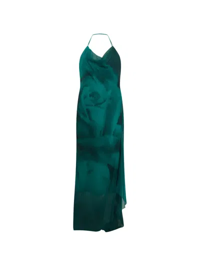 Alberta Ferretti Rose-print Halterneck Maxi Dress In Green