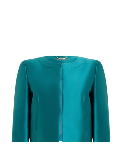 Alberta Ferretti Round-neck Satin-finish Jacket In Blue